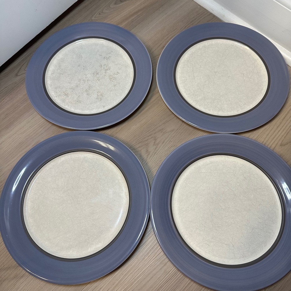Pfaltzgraff‎ Mystic Dinner Plates Set of 4 Blue Rim Cream Stoneware 10.75 in